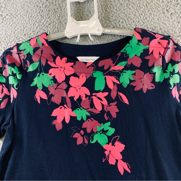 Liz Claiborne Women's Short‎ Sleeve Crew Neck Cotton T-Shirt Floral Print Navy L - Picture 7 of 11